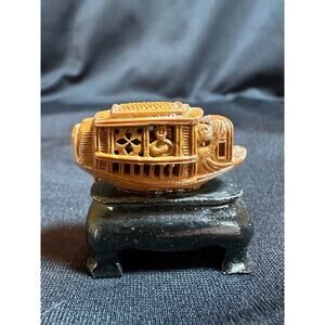 Vintage Asian Carved Olive Fruit Pit Miniature Boat Display Figurine on Stand